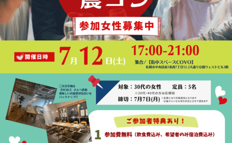 男女の飲み会写真をバックに婚活パーティー女性募集チラシ