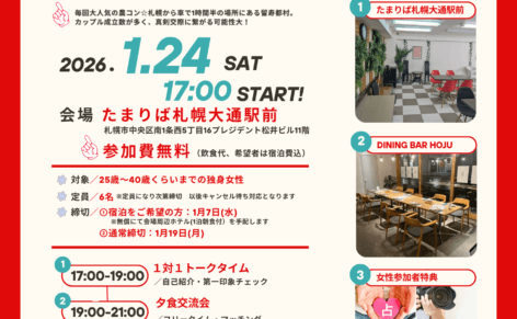 冬の出会いを期待する女子をバックにルスツ農業青年と出会えるイベント告知